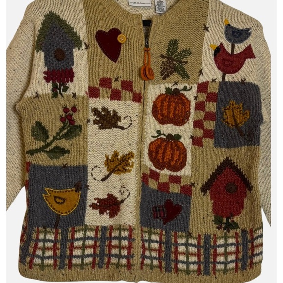 Wool Blend Chunky Knit Cardigan Fall Pumpkin Autumn Patchwork Leaves Cottagecore - Picture 2 of 11